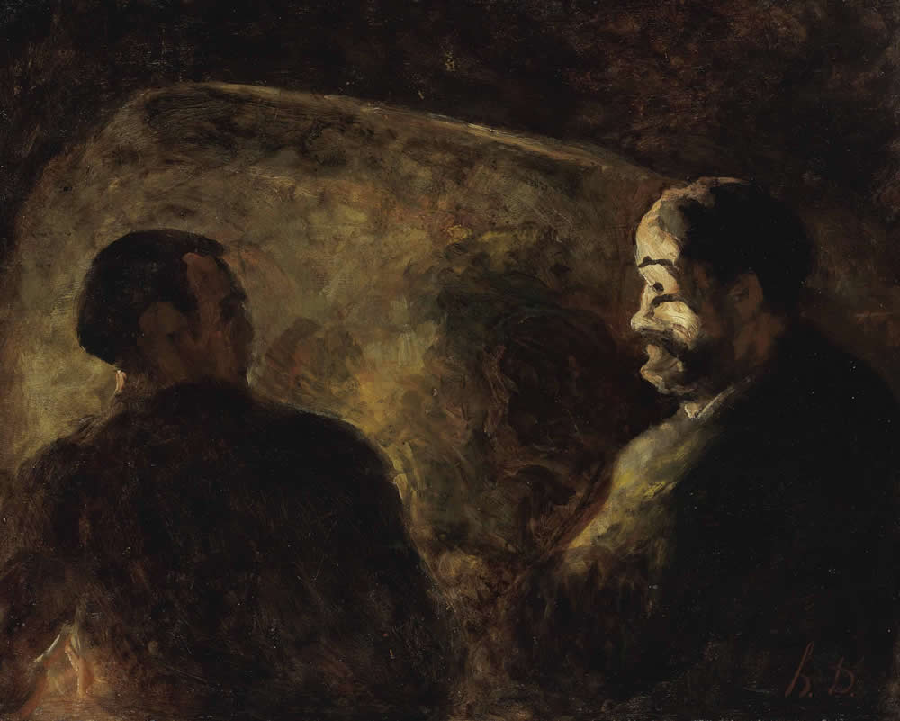 Honoré DAUMIER - Devant l'âtre, deux hommes en conversation