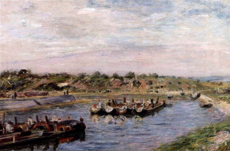 Alfred SISLEY - Les péniches sur le canal du Loing à Saint-Mammès pendant le chômage