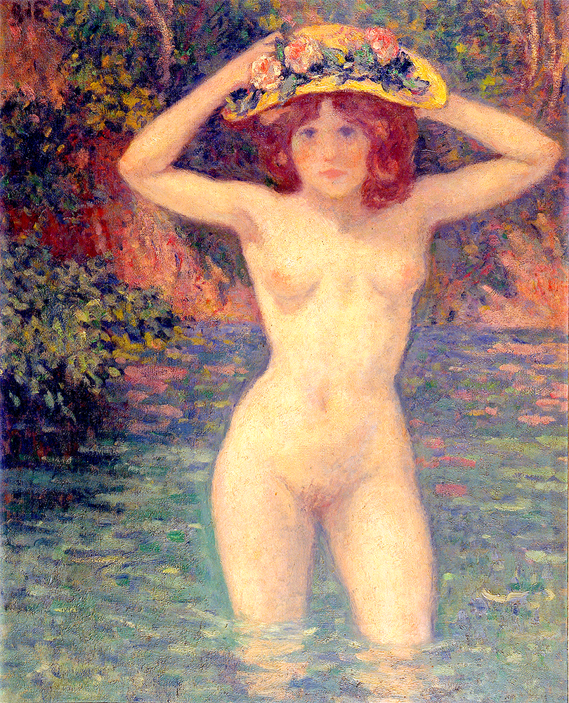 Georges D'ESPAGNAT - Jeune fille au chapeau, dans un ruisseau