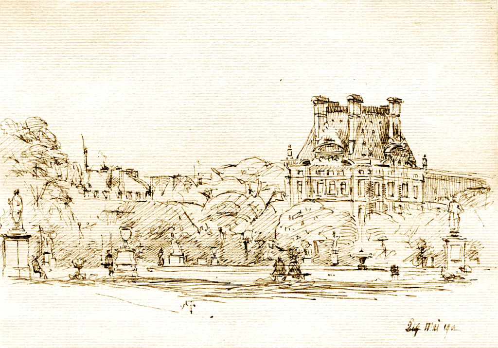 Dessin de George Viau Le Louvre vu des Tuileries