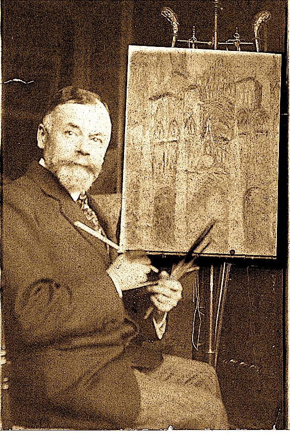 George Viau devant une copie de Monet (Cathédrale de Rouen) à son chevalet, 1916, reproduction d'une photographie, au verso, note manuscrite écrite par George Viau, Archives du Musée Langmatt, Fondation Sidney et Jenny Brown, Baden, Suisse